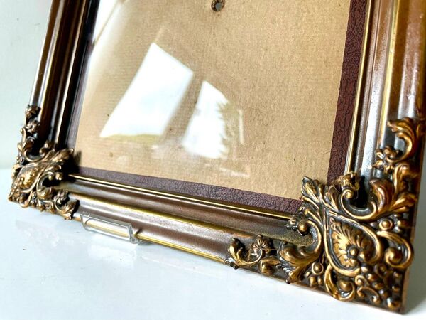 Cadre en métal vintage cooper & doré 27,5 cm x 21,5 cm verre convexe