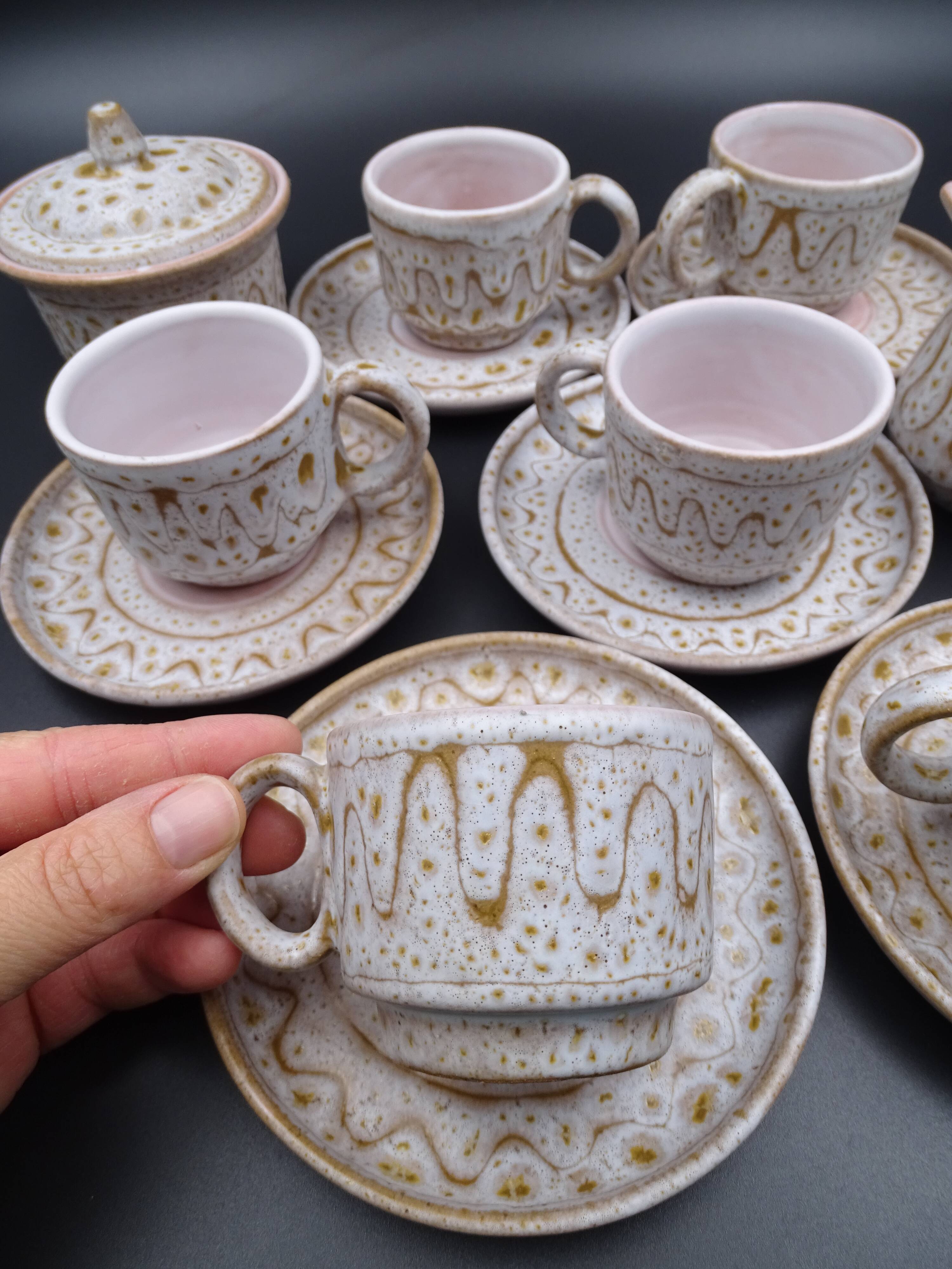 Earthenware coffee service signed Jean Austruy Vallauris around 1970 - Cups - saucers - milk pot