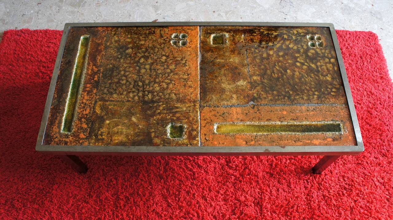 Coffee table by Robert and Jean Cloutier in steel and enameled lava stone Vintage 1950