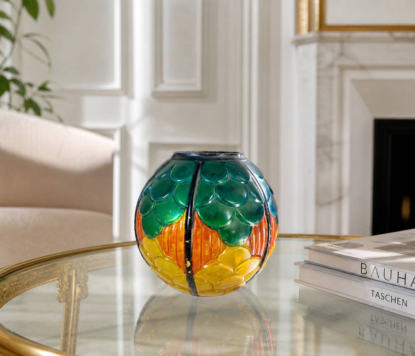 Small round Art Deco vase in painted glass.