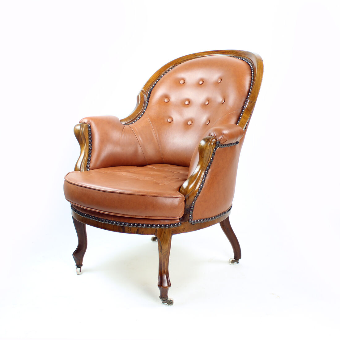 Fauteuil en cuir et noyer cognac, Tchécoslovaquie années 1940