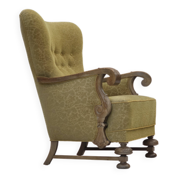 1960s, Danish highback armchair, furniture cotton/wool fabric, oak wood.