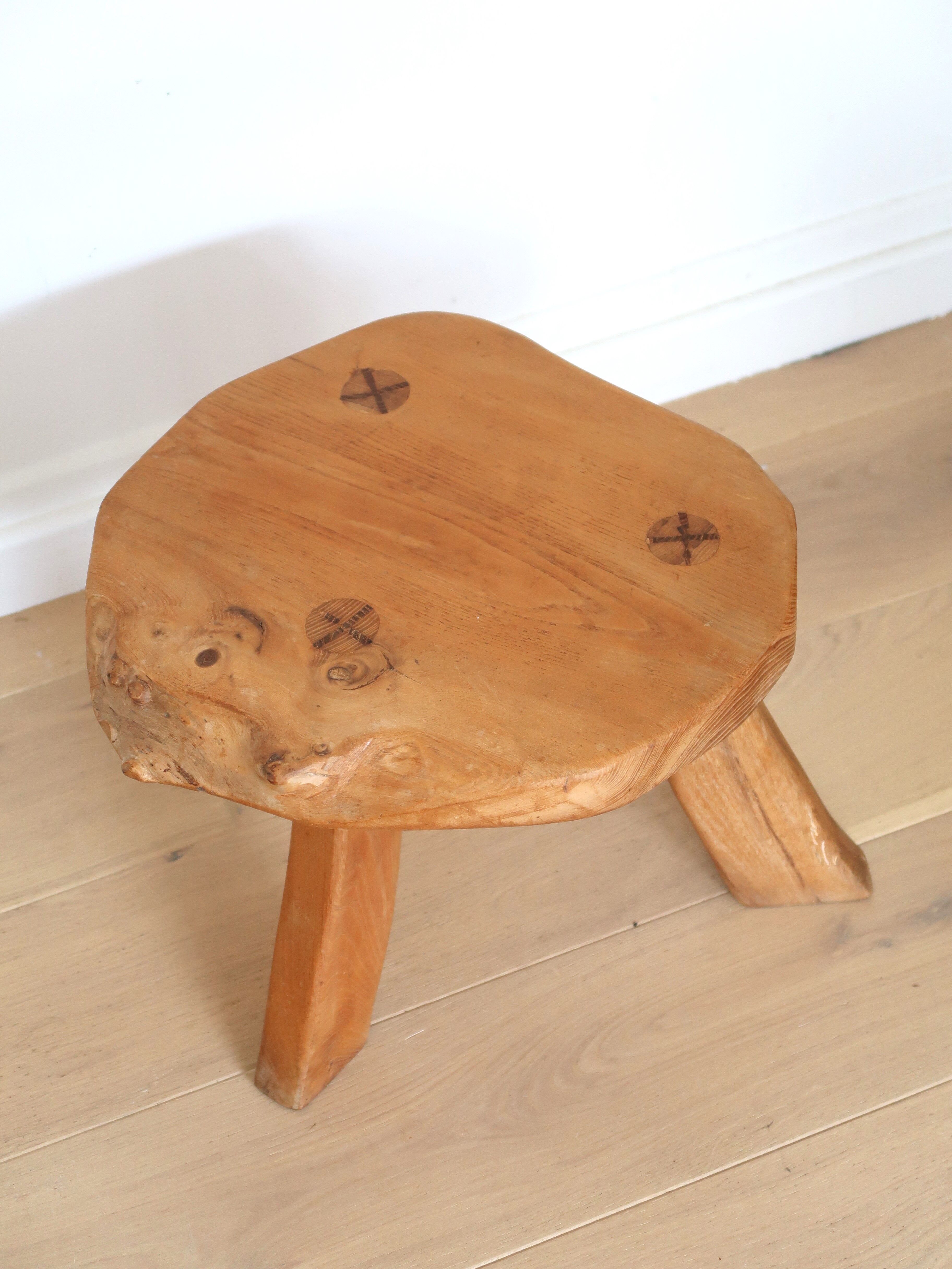 Brutalist solid wood tripod stool vintage