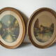 Old pair of lithographs house at the edge of the water signed wooden medallion frame