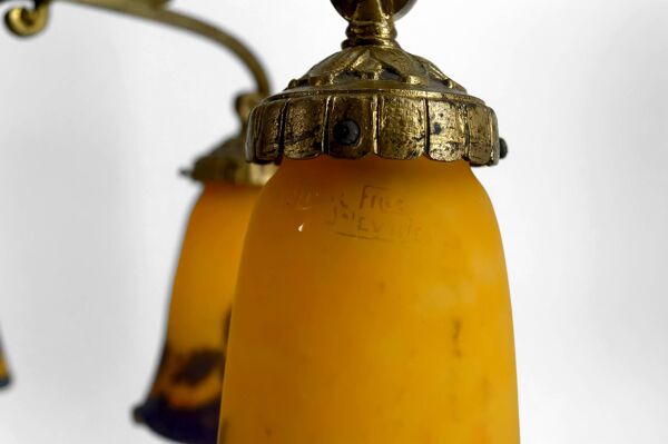 Lustre en bronze doré et pâte de verre soufflée, Muller Frères, Art Deco