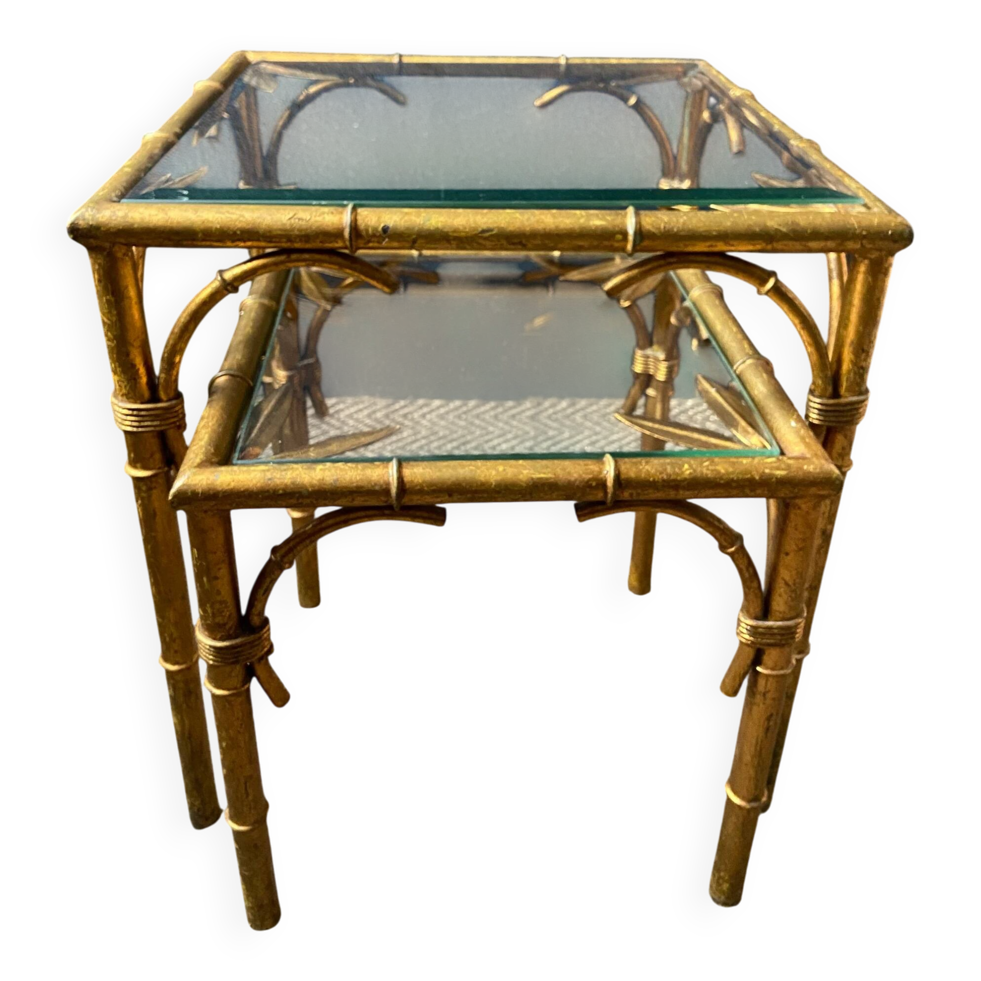 Pair of nesting tables in faux bamboo with glass tops, France, 1960s.
