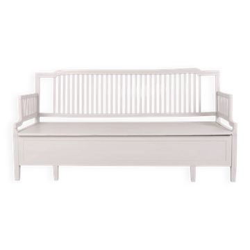 Antique storage bench with high back – grey painted – pine wood – 1860s