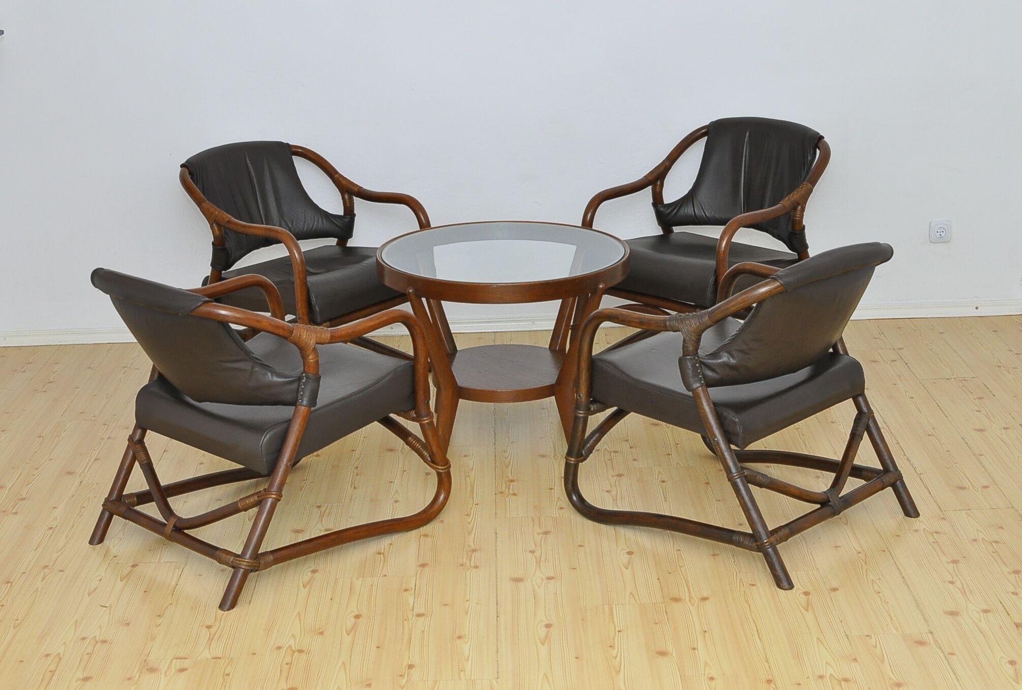 Set of bamboo armchairs with leather seats, 1970s