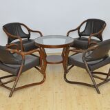 Ensemble de fauteuils en bambou avec sièges en cuir années 1970