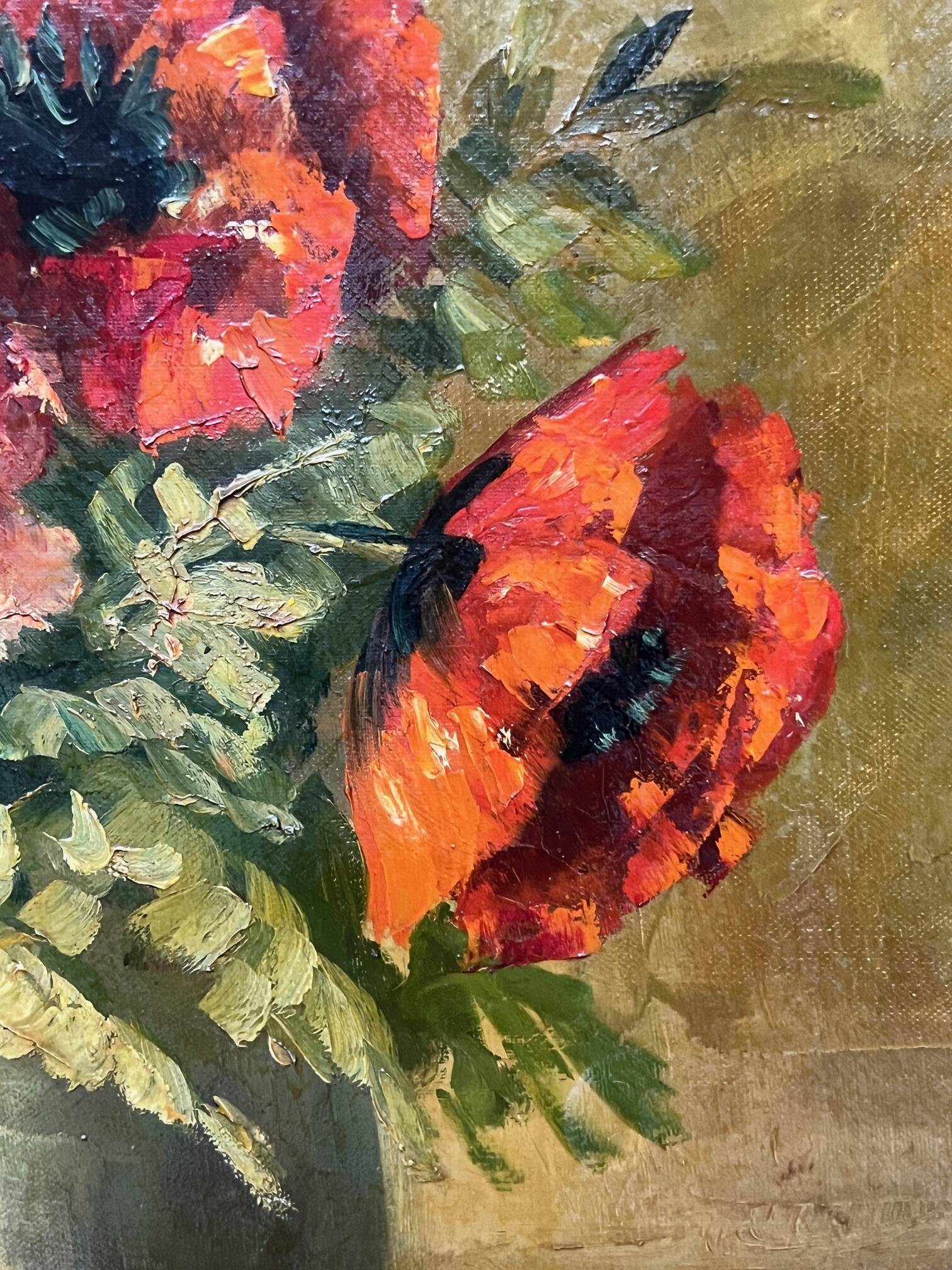 H.J. van Wijngaarden (1906–1986). Antique still life with poppies in a beautiful baguette frame.