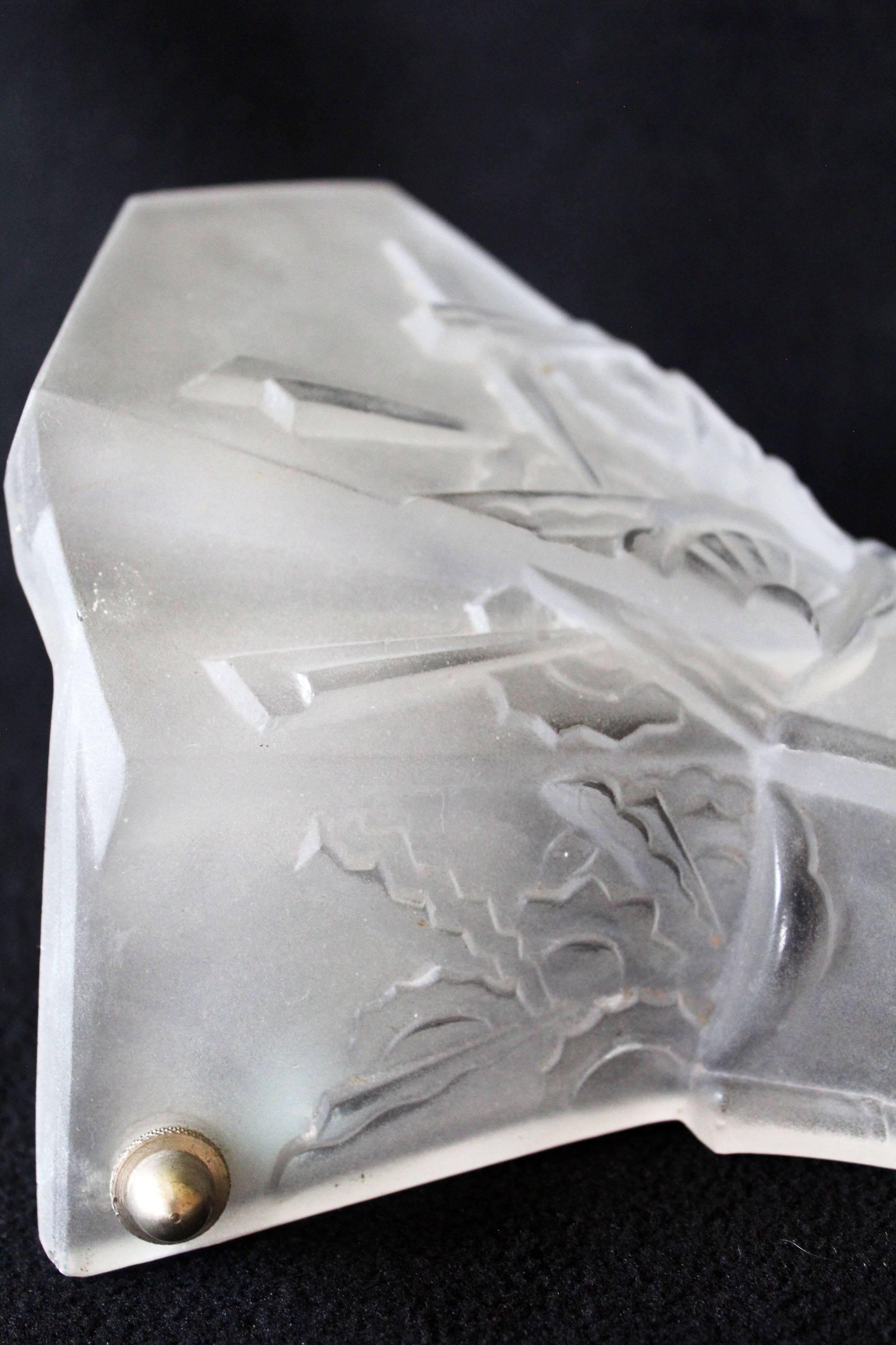 Grand abat-jour Art Déco en verre dépoli, motif floral géométrique