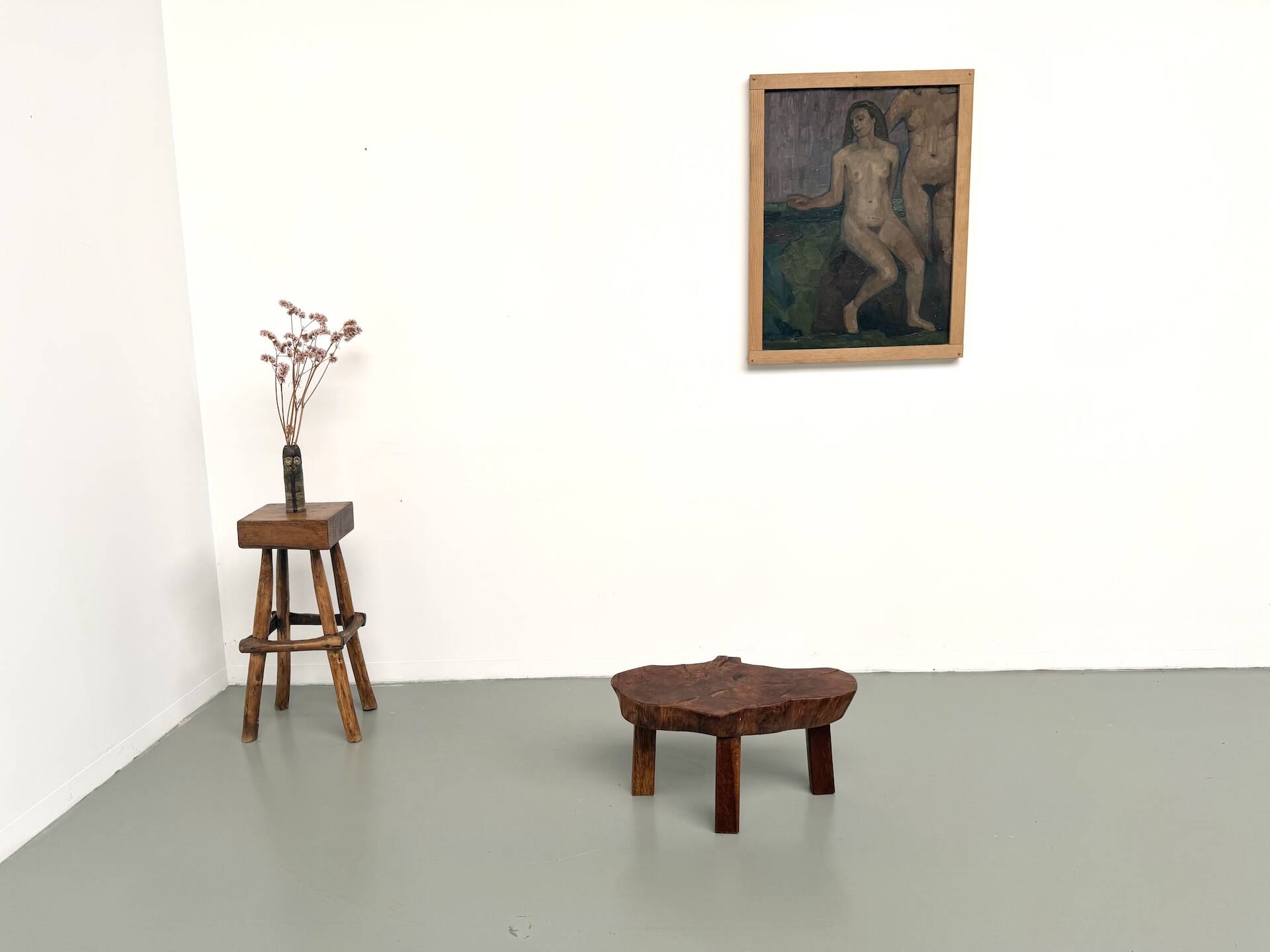Brutalist tripod coffee table in solid teak – 1970s
