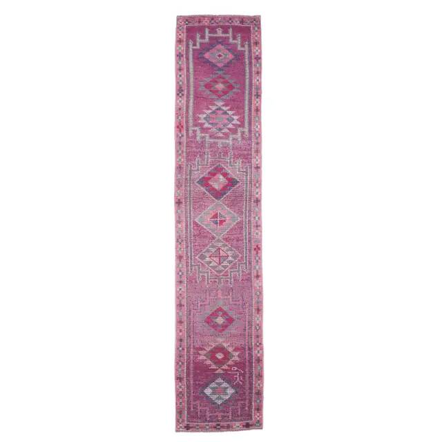 1970s Turkish Handmade Pink Diamond Wool Runner Rug 78x384