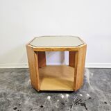 80s Octagonal Wood Accent Table with Glass Top on Casters