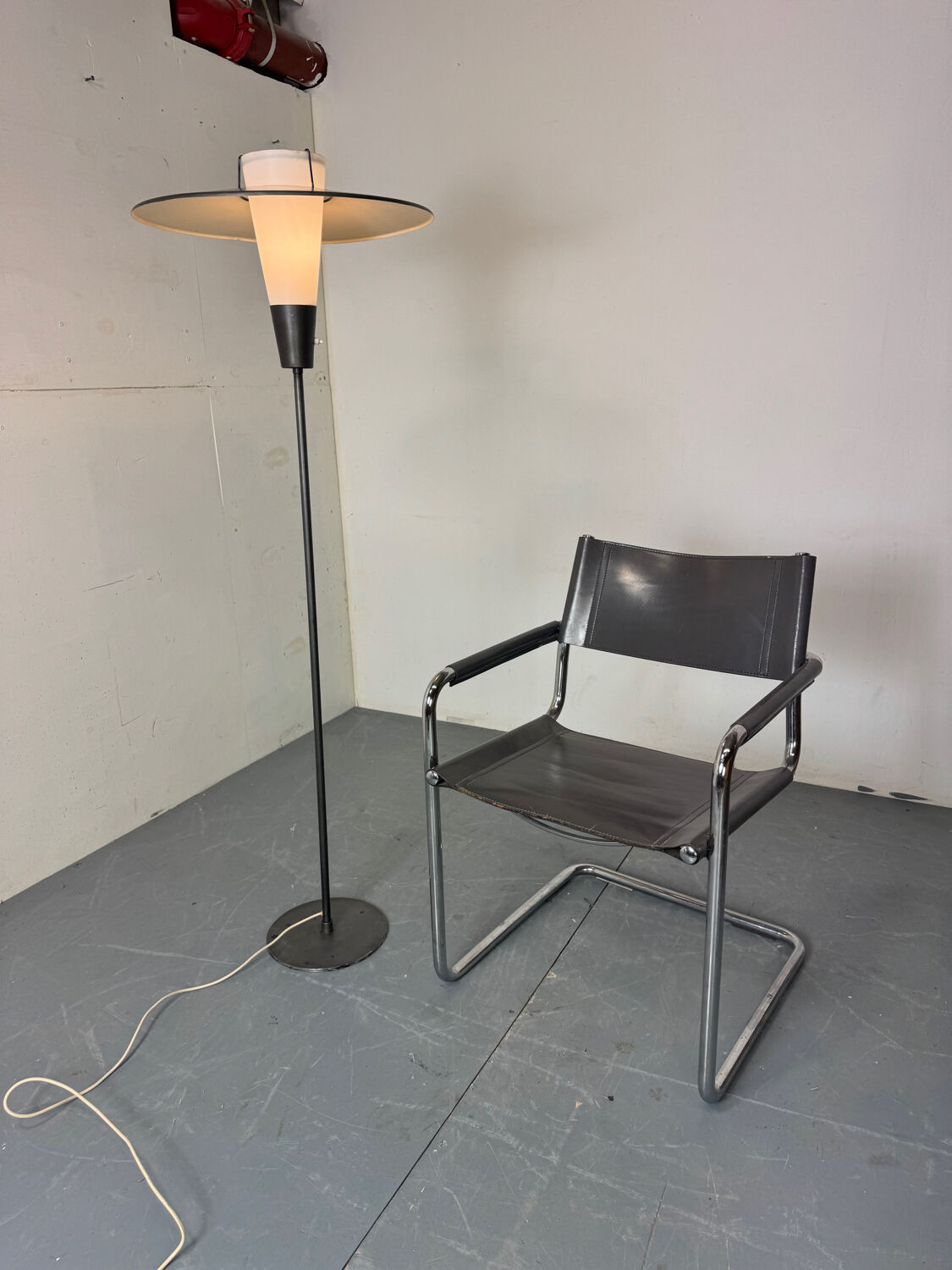 Mid Century France Modernist steel, brass and glass floor lamp, 1950s