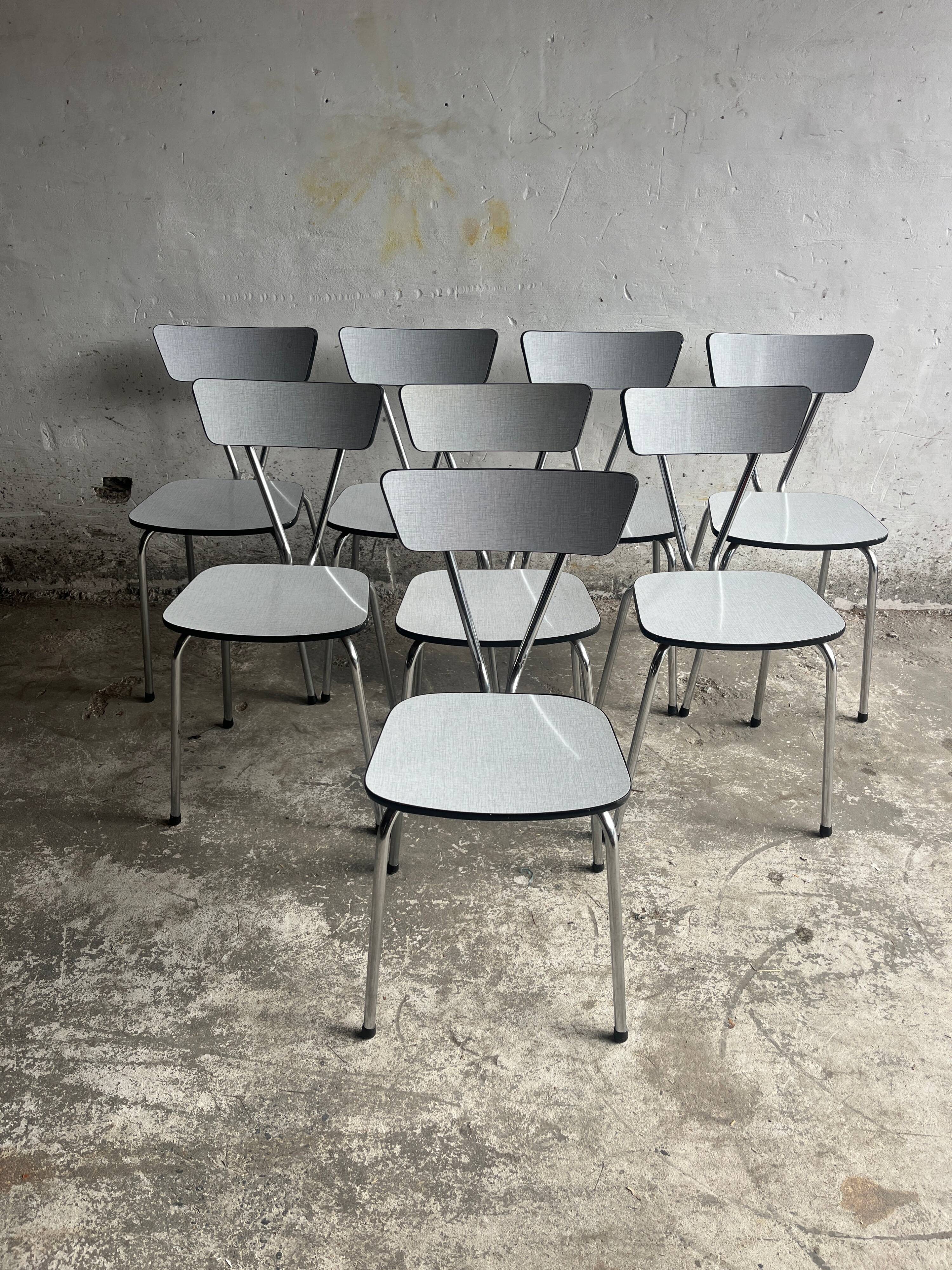 Set of 8 Vintage Mid-century Dining Chairs — Light Grey Laminated Plywood with Chrome Legs