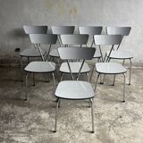 Set of 8 Vintage Mid-century Dining Chairs — Light Grey Laminated Plywood with Chrome Legs