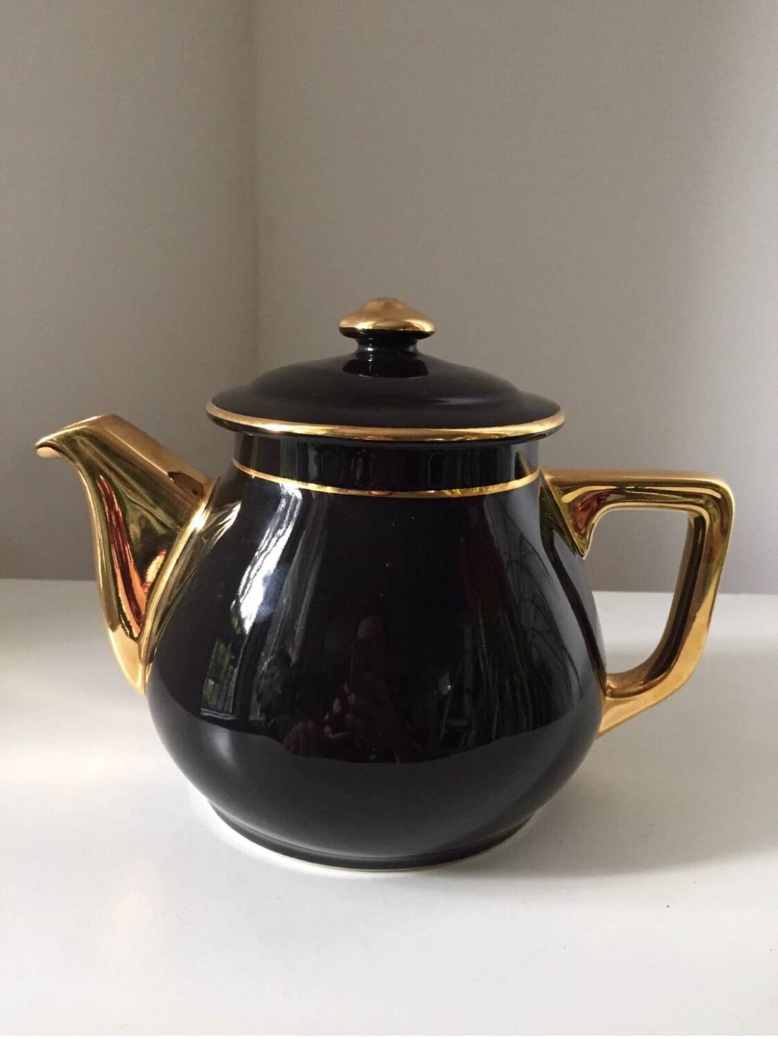Vintage black and gold ceramic coffee pot, 1950s