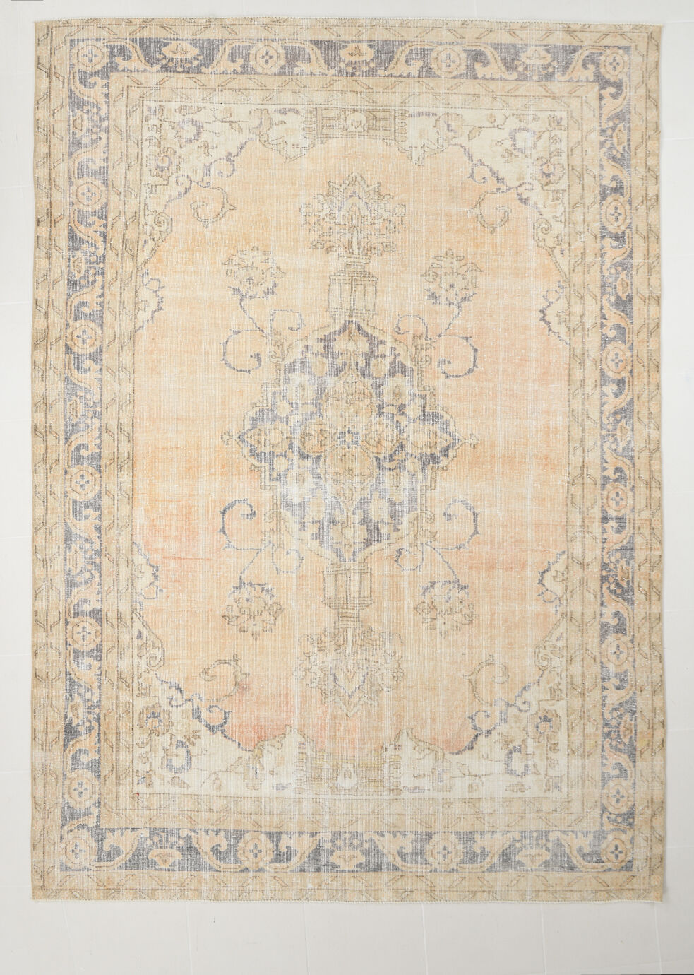 7x10 beige & navy blue vintage rug, 215x302cm
