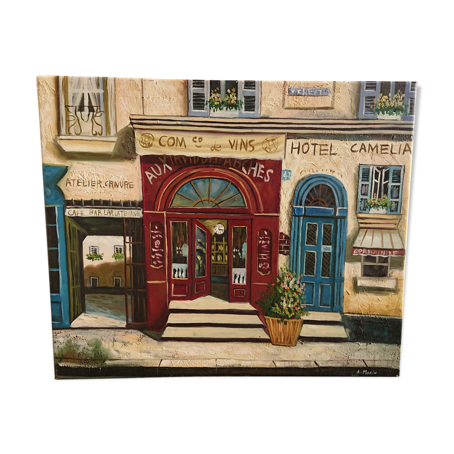Oil on canvas restaurant storefront, signed À Morin