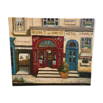 Oil on canvas restaurant storefront, signed À Morin