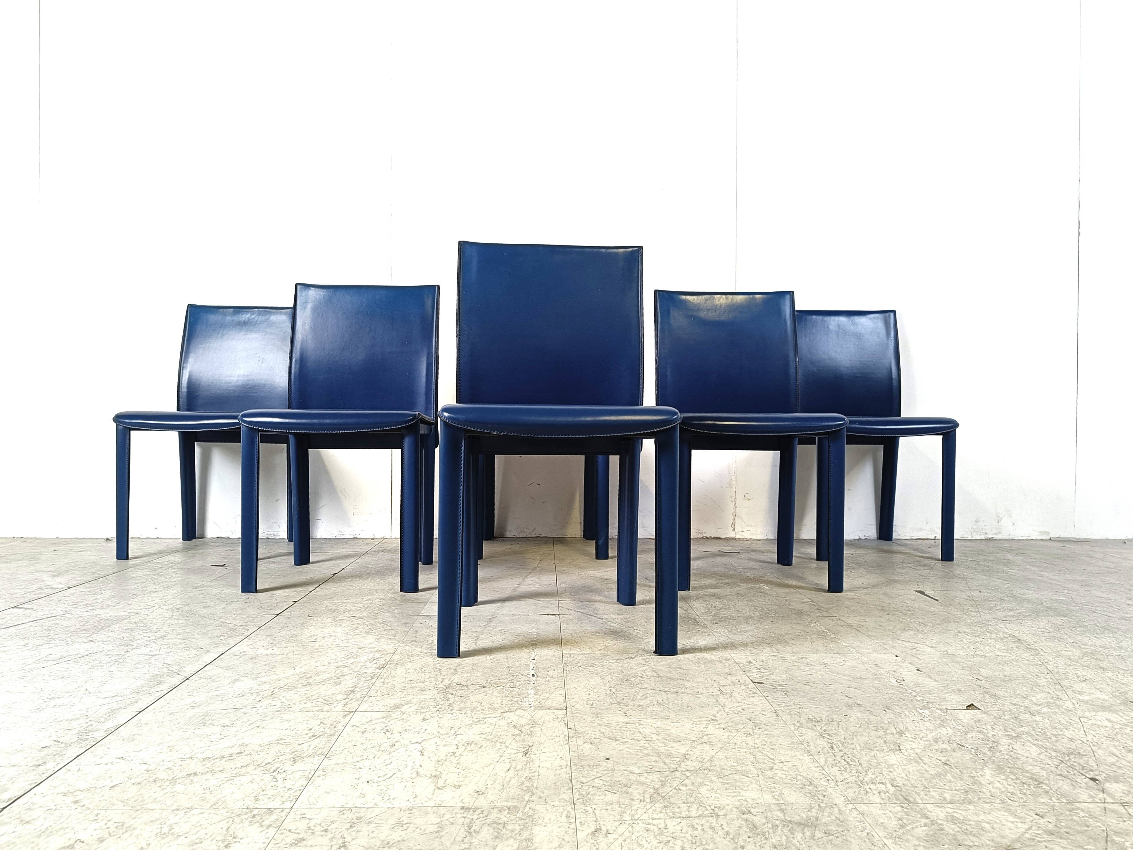 Vintage blue leather dining chairs by Arper Italy, 1980s