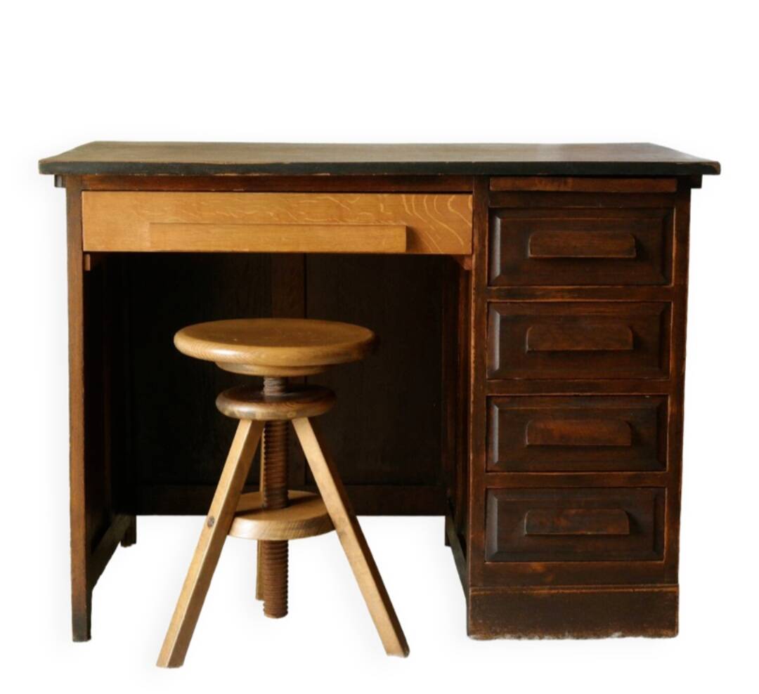 Vintage oak desk with its stool.