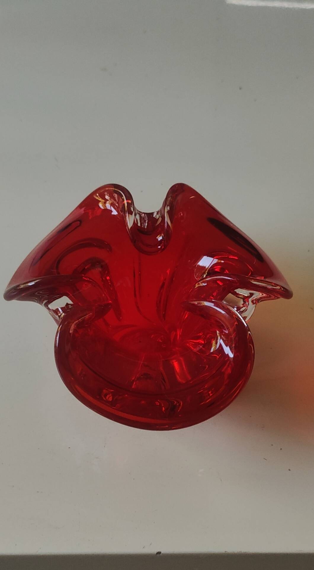 Murano Ashtray/Tray. Organic floral shape. Ruby red, 14cm.