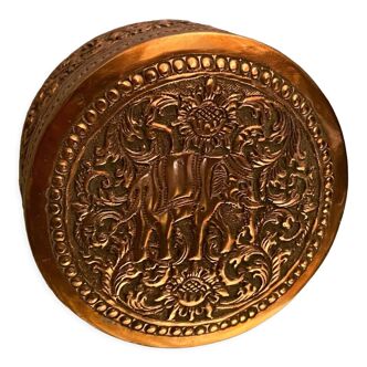 Circular copper box finely chiseled with elephant Khmer Art Cambodia