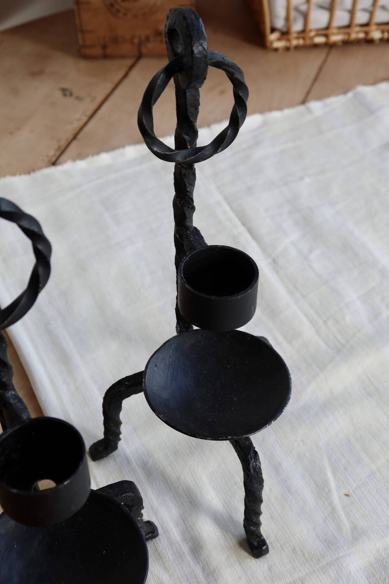 Vintage black metal candle holders – Twisted wrought iron