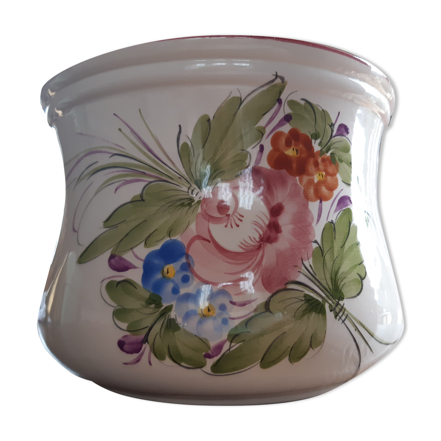 Large pot cache, decoration bouquet of flowers painted by hand, signed.