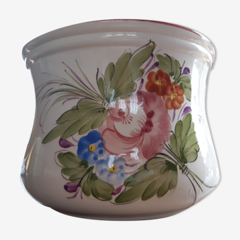 Large pot cache, decoration bouquet of flowers painted by hand, signed.