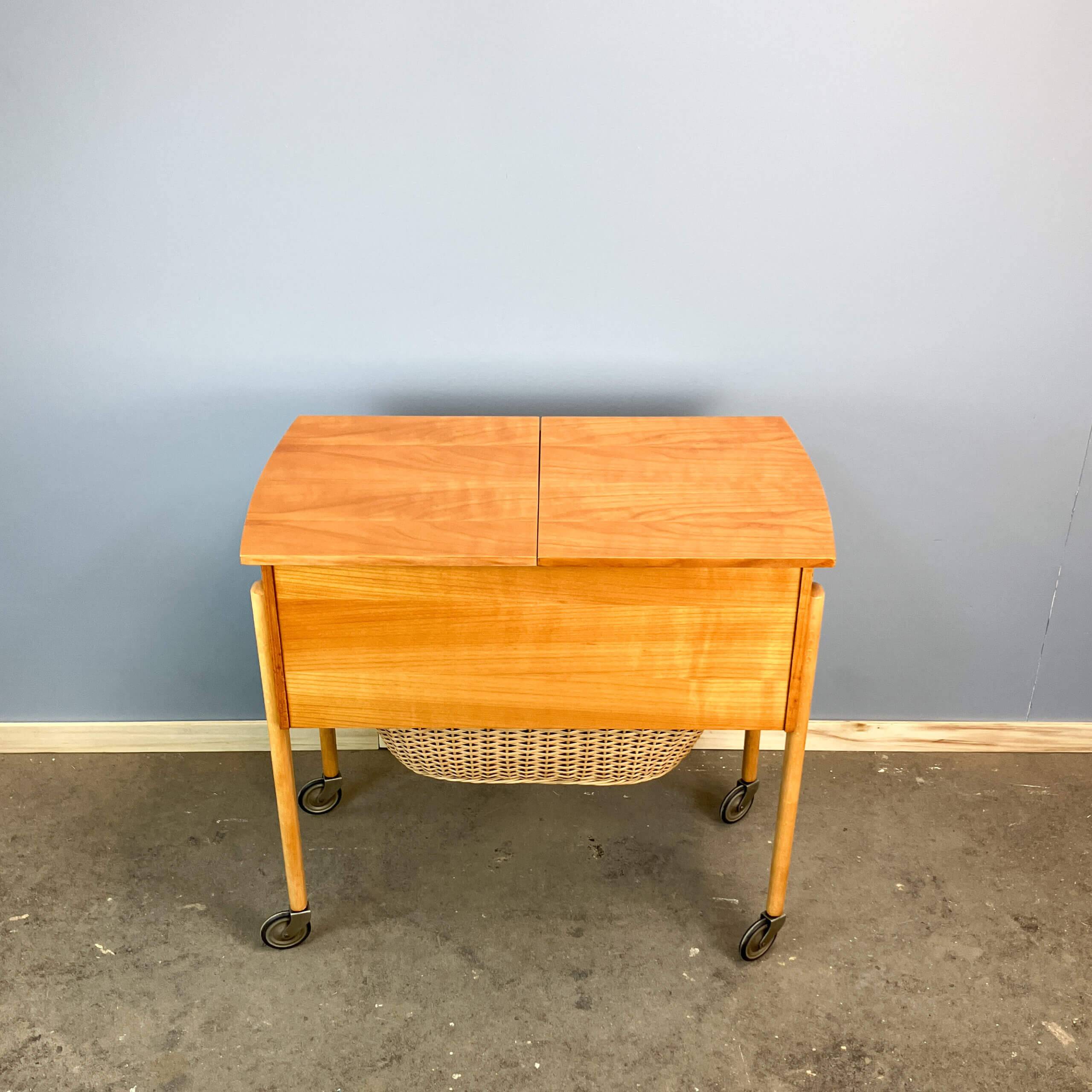 Wheeled sewing box, pear wood, beech, wicker, 1960s