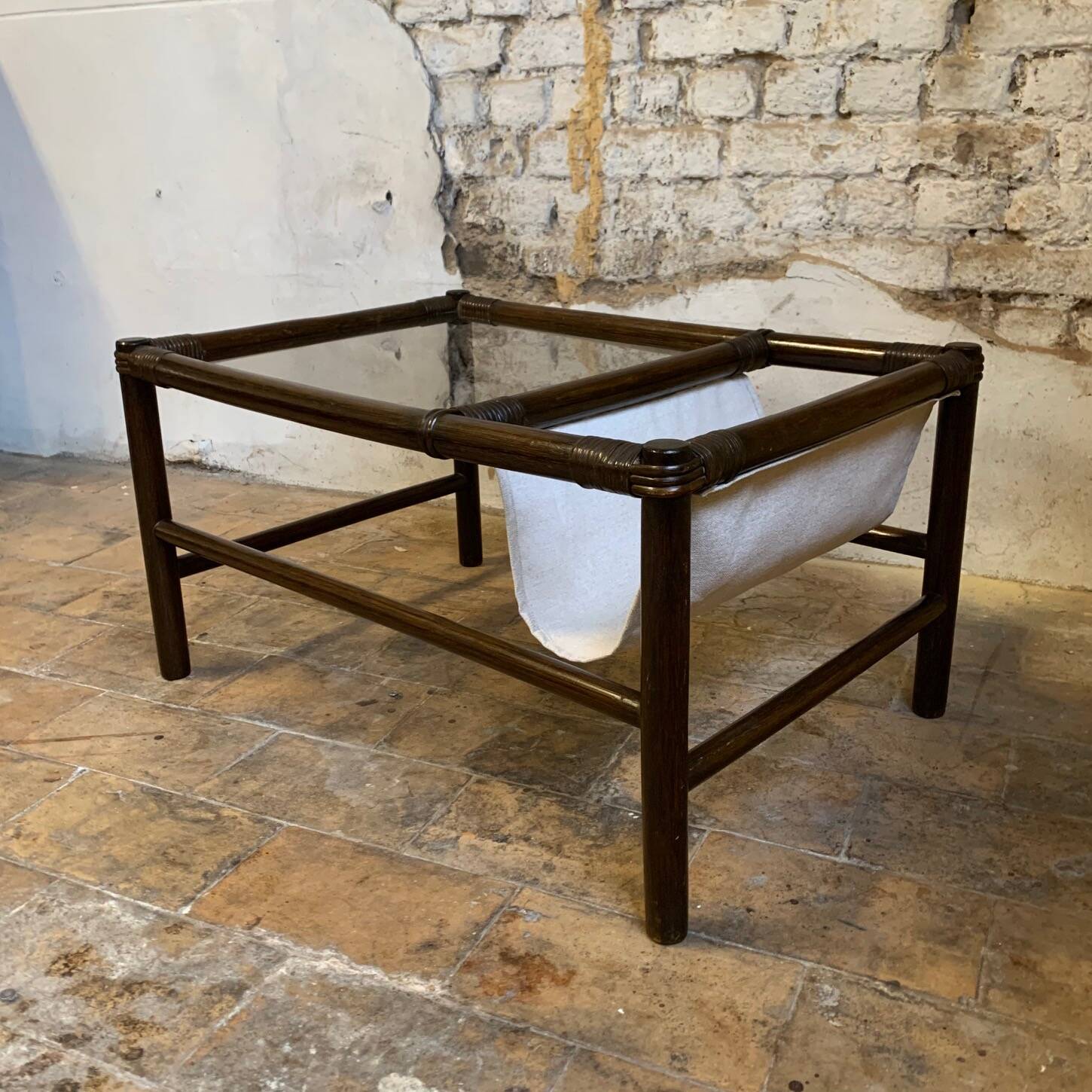 1970s bamboo coffee table with integrated magazine rack