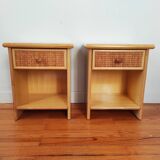 Pair of vintage bedside tables in wood and rattan.