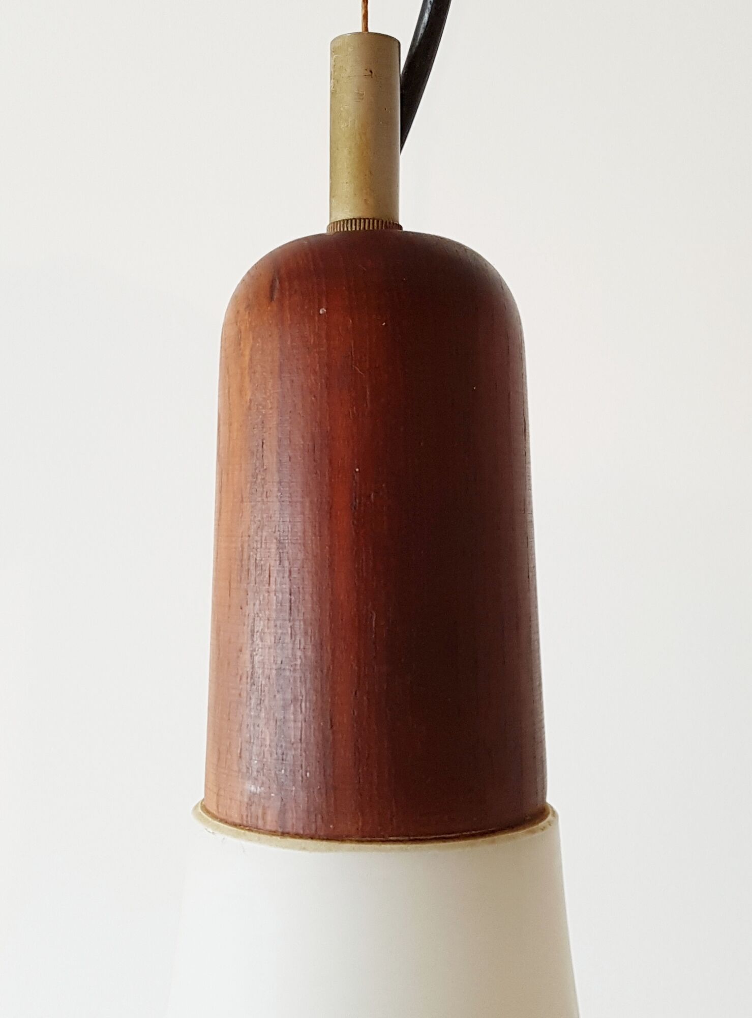 Exceptional luster Scandinavian giant suspension in opaline and teak 1960 vintage 60s Danish light drop