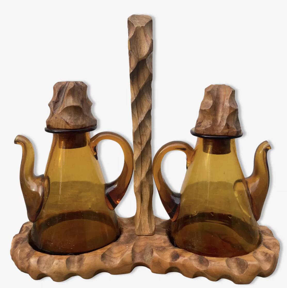 70's vinegar cruet in wood and glass