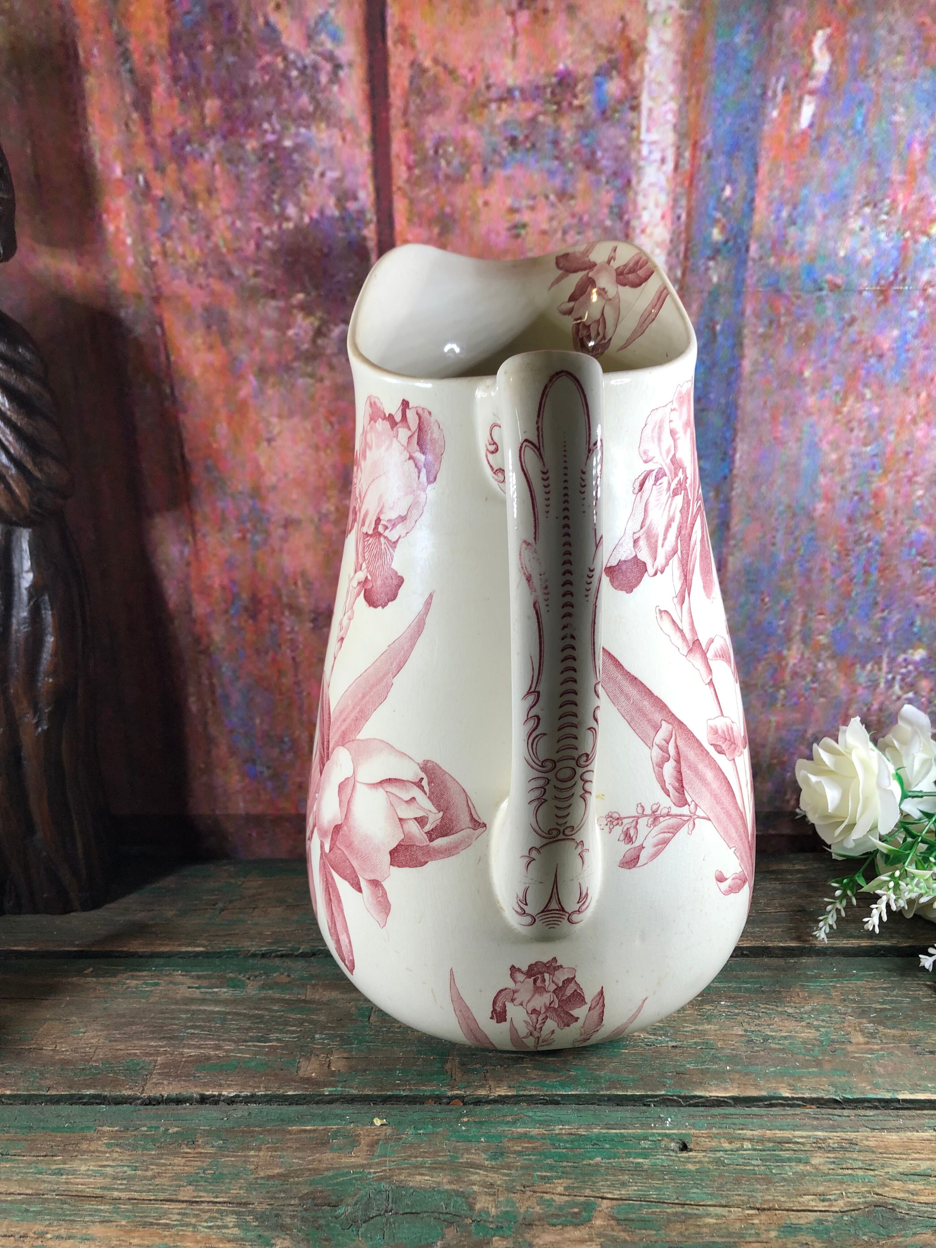 Pitcher jug or white broc decorated with pink flowers magnolia shabby chic