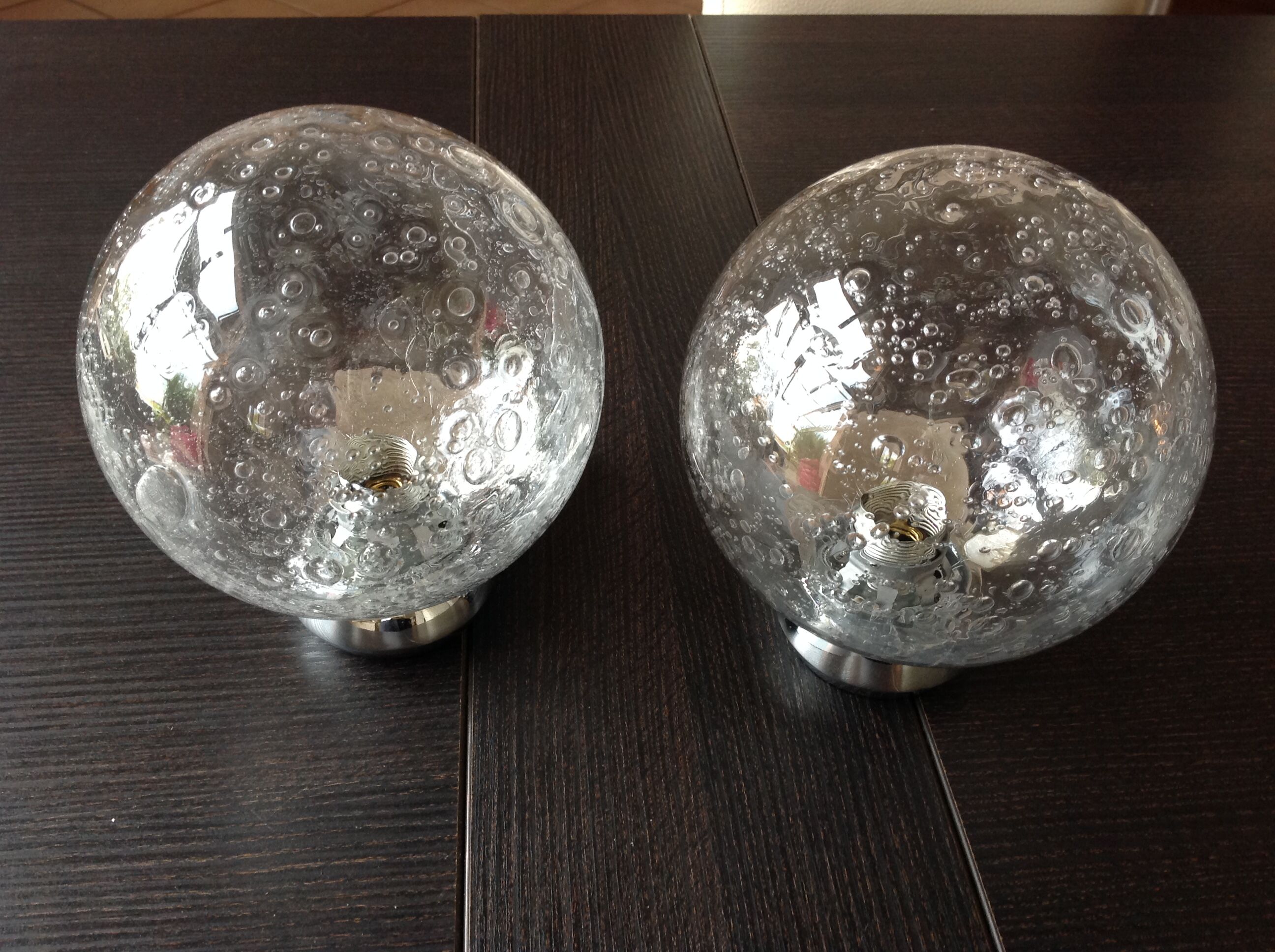 Pair of chrome sconces and crystal globe bubbled by Keuco / vintage 70s