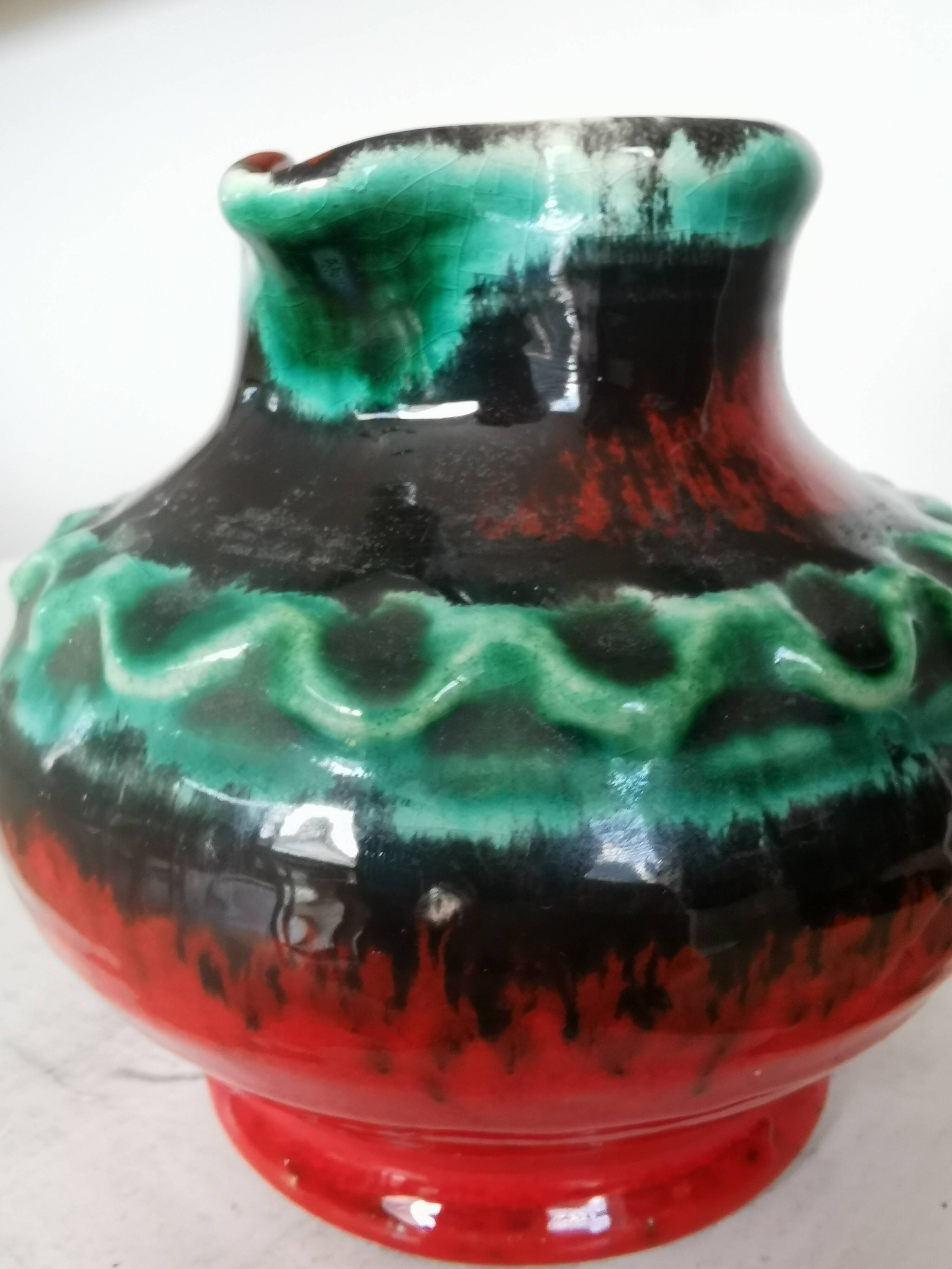 Fat Lava Pitcher Vase: Red Black Green Glaze, West German Pottery