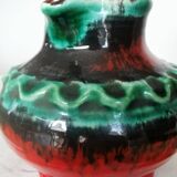 Fat Lava Pitcher Vase: Red Black Green Glaze, West German Pottery