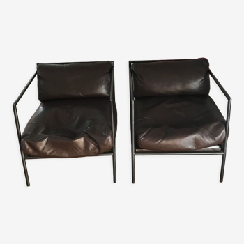 Set of 2 metal and brown leather armchairs Julie Prisca