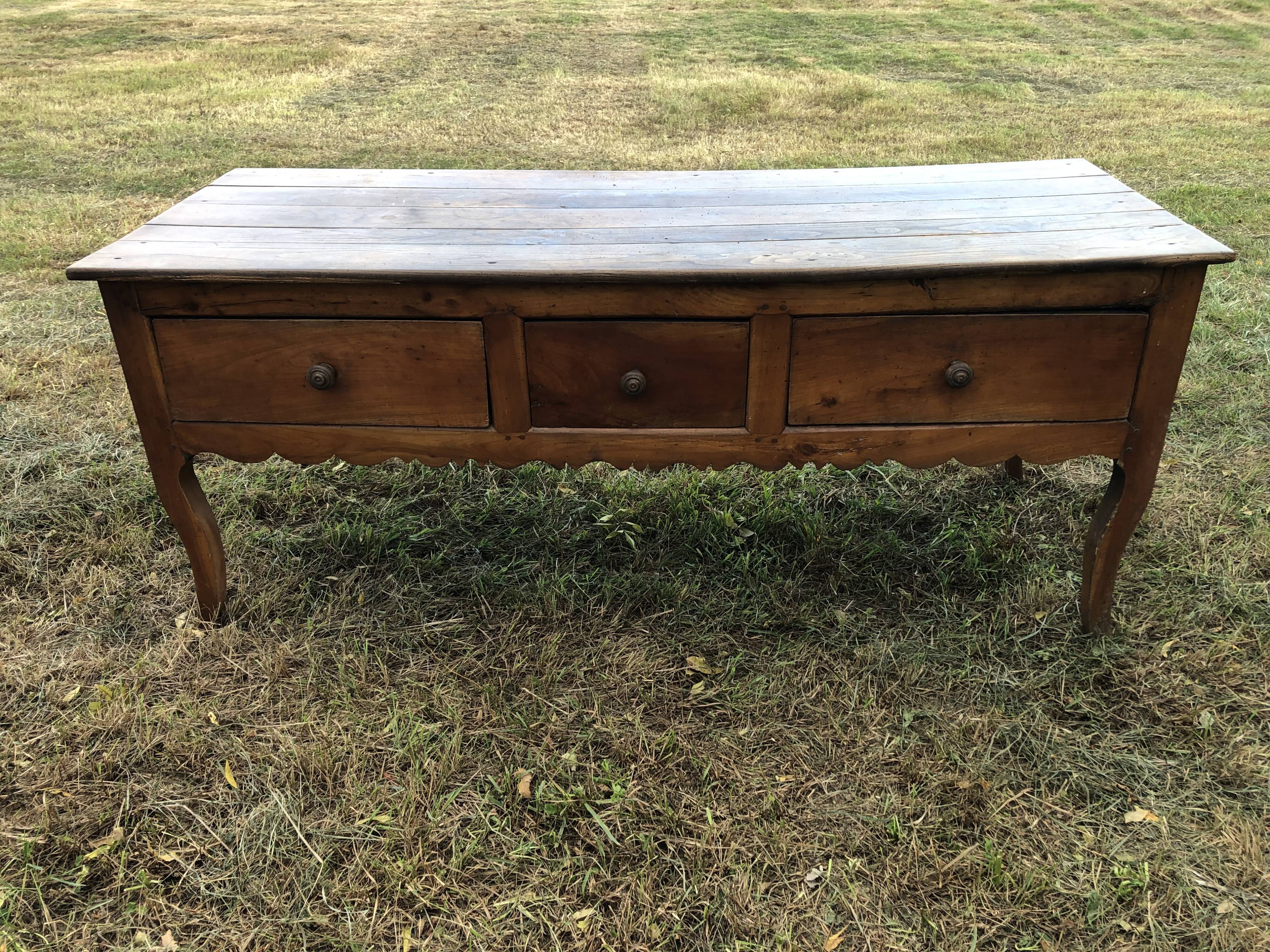 Antique Louis XV paneled table with 3 front drawers in solid cherry wood
