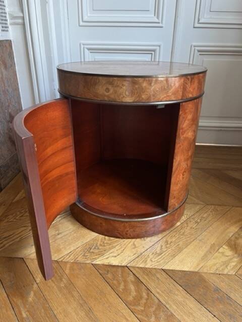 Drum side table in wood burl with door