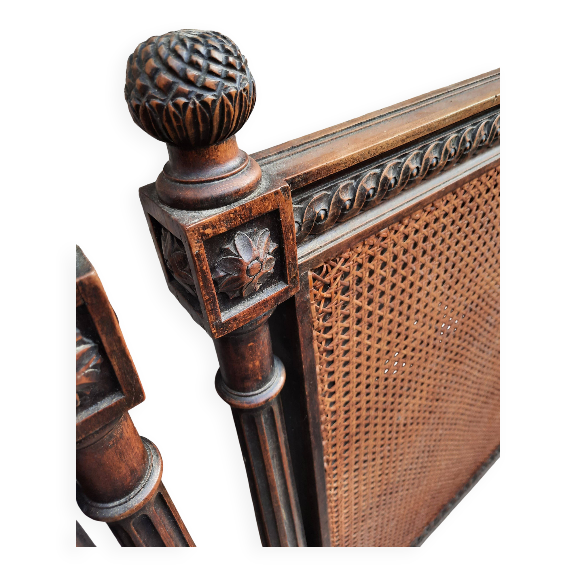 Hand-carved Louis XVI style headboards with chic vintage caning (1800s)