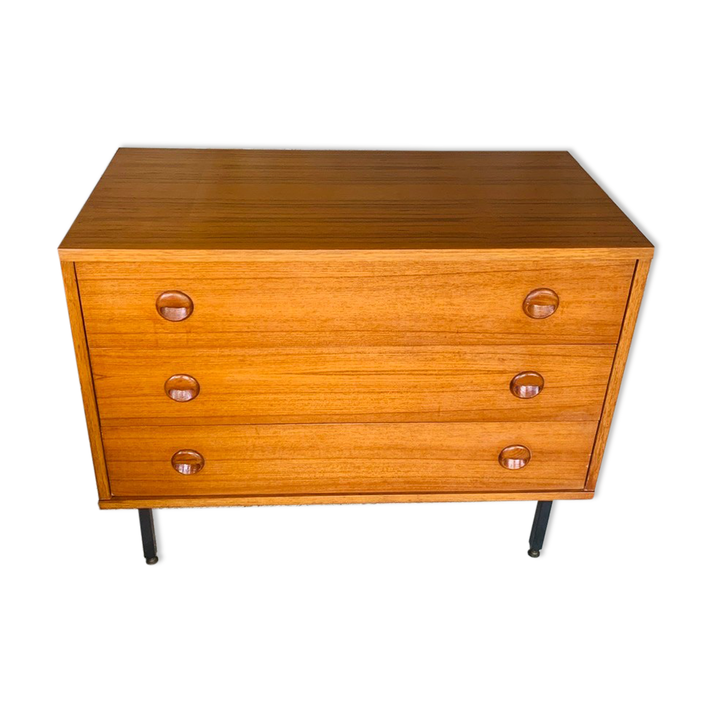 Vintage chest of drawers, Scandinavian teak style, circa 60 metal feet