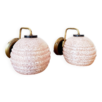 Pair of Art Deco wall lights, pink Clichy glass.
