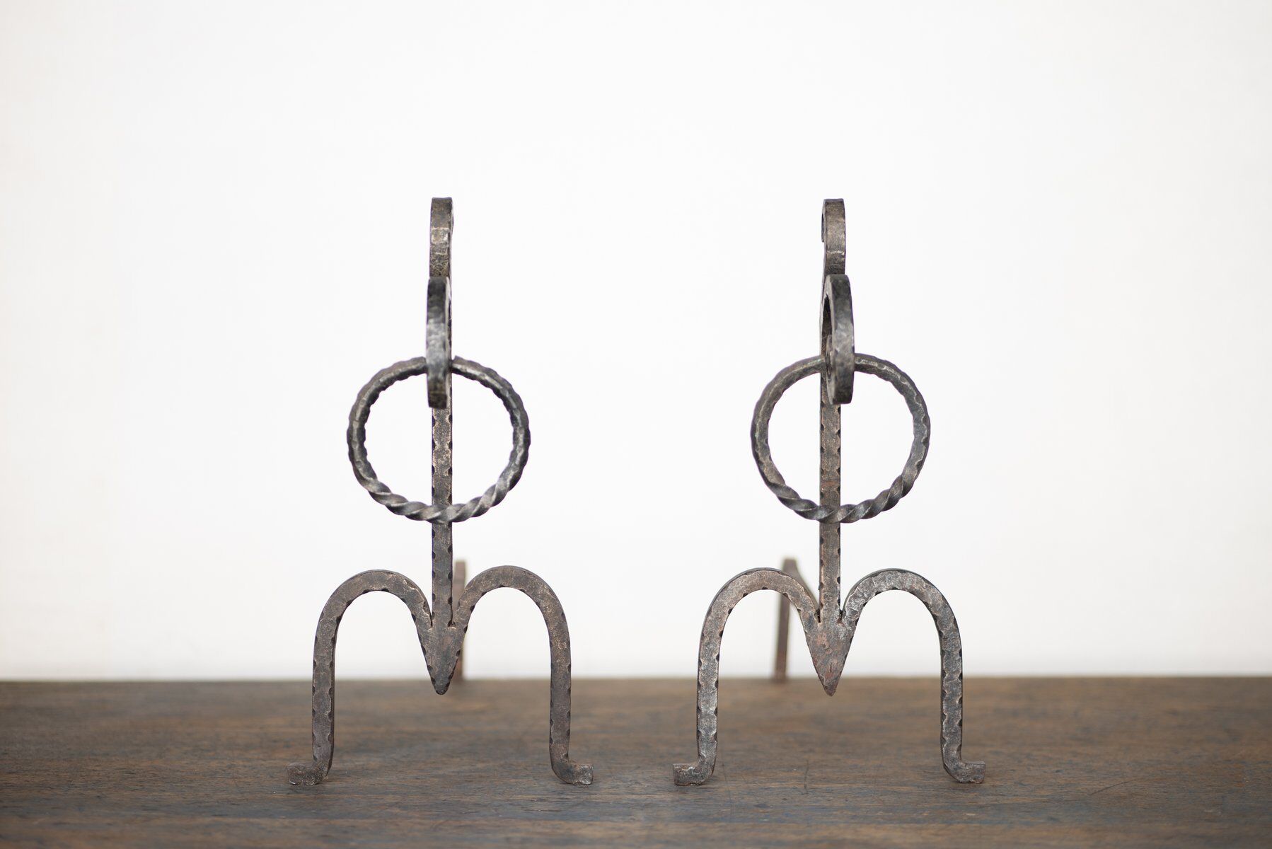 Brutalist wrought iron andirons, Italy, 1970s, set of 2.