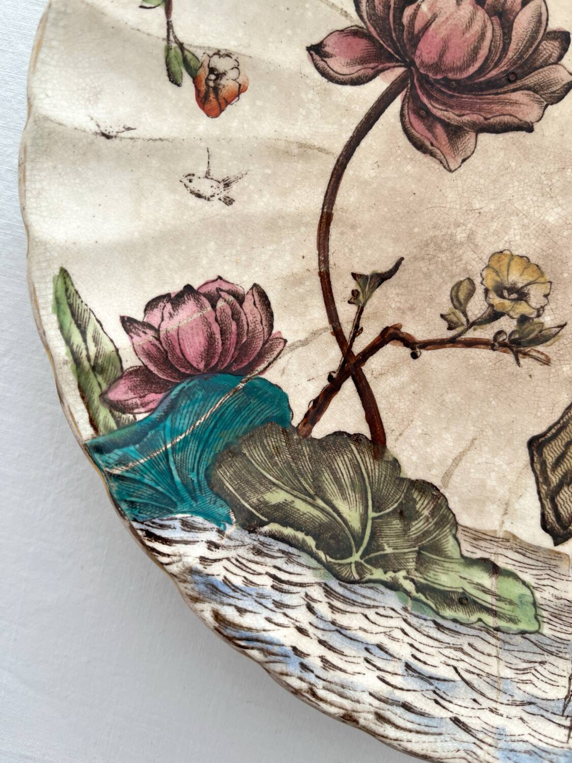 Antique polychrome ironstone plate with bird motif "Aquatic" SF&co