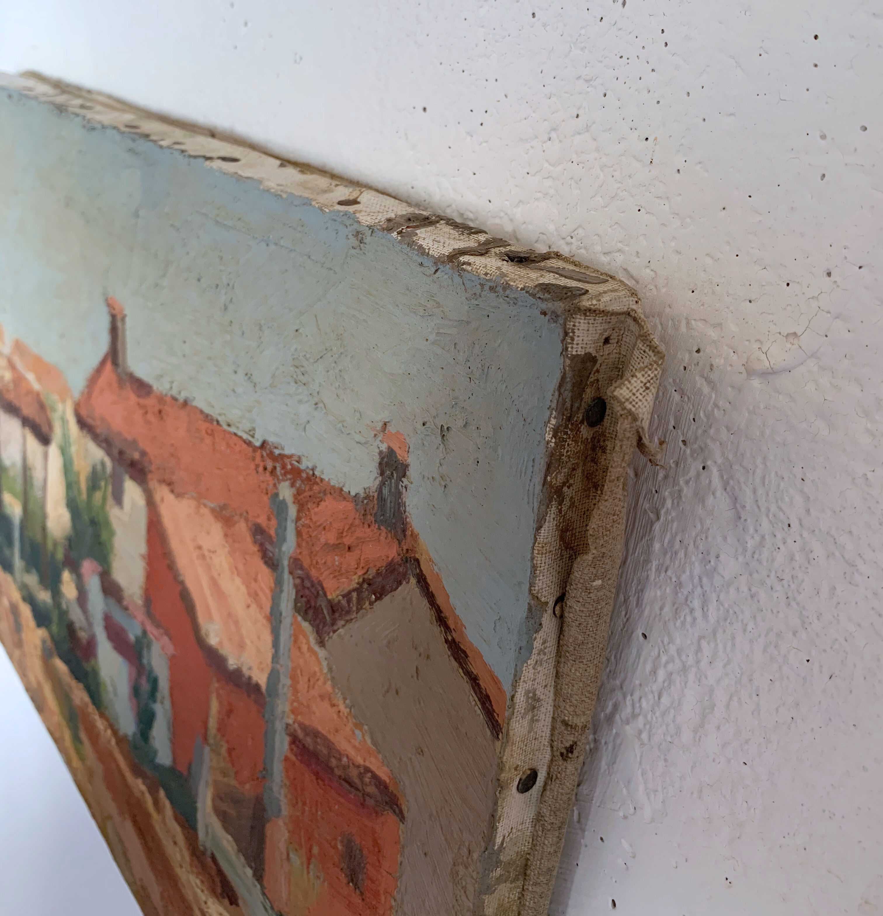 Ancient oil painting on canvas landscape of the south of France